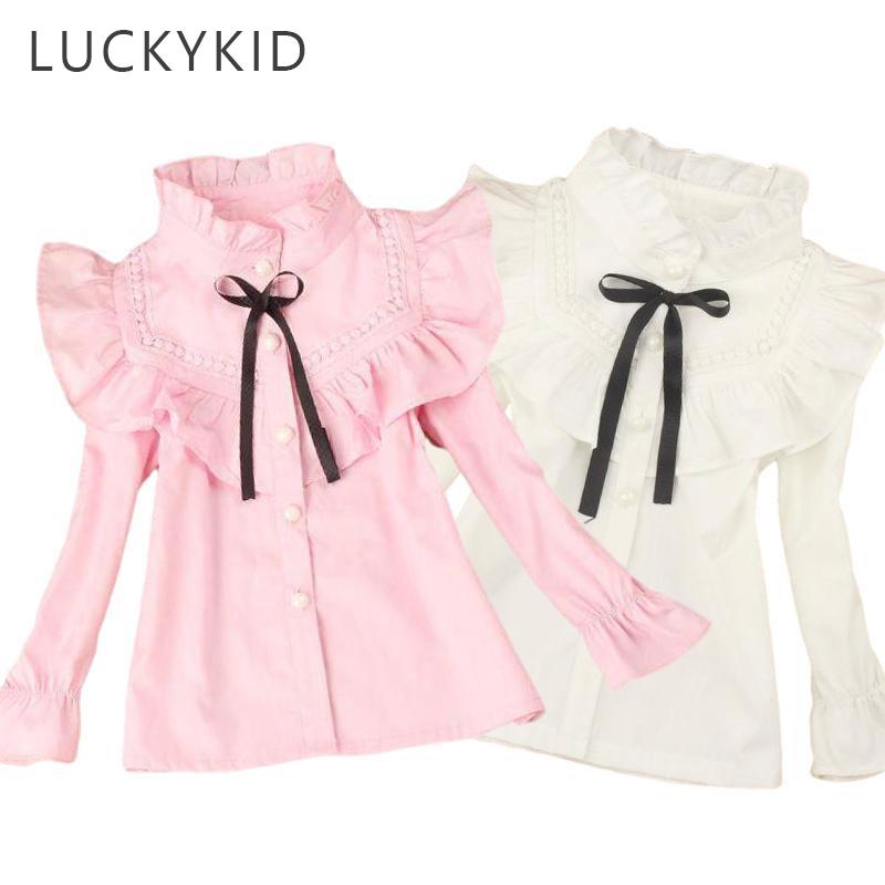 Youth Charm Lente Herfst Meisjes Blouse School Tops Katoen Coltrui Lange Mouw Witte Blouse Mode Klassieke Kinderen Tienerkleding 3-16Yrs 16 roze