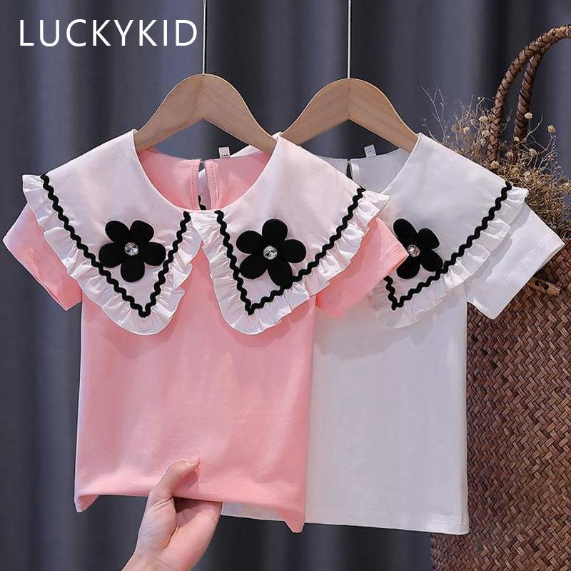 G.DUCK KIDS Zomer Meisjes Wit T-shirt Met Korte Mouwen 2022 Nieuwe Katoenen Tiener Kinderen Kanten Revers Blouse Kinderen Schoolkleding Tops 160 wit
