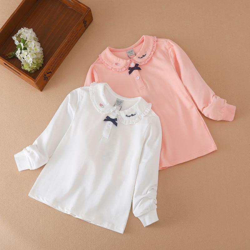 Kuyeebear Meisjes T-shirt met lange mouwen Kinderen poloshirt Effen kleur Katoen Baby Turn-down kraag Top met schattige strik 6-14 jaar Lente Herfst Kinderen Leuke kleding 140 roze