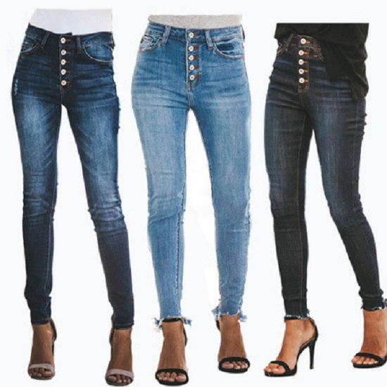 Fahion Jeans Dames hoge taille stretch denim jeans knoop skinny slanke casual potloodbroek damesbroek S donkerblauwe kleur