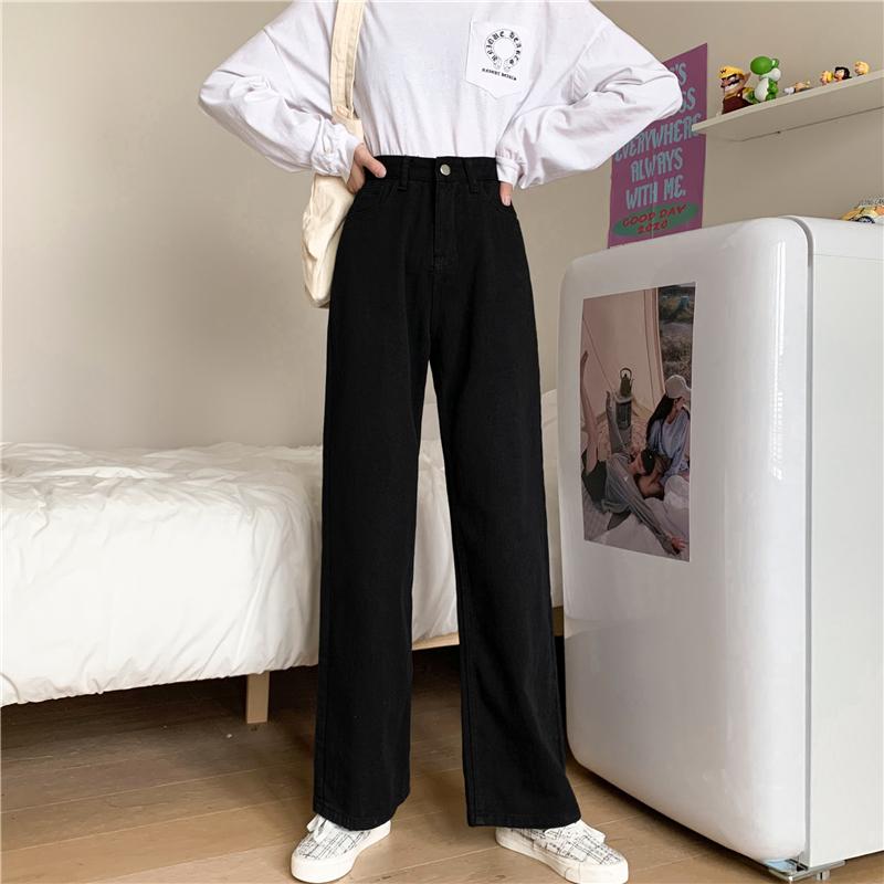 Zhanjie Ladies Clothing Dames witte wijde pijpen jeansbroek herfst hoge taille all-match losse denim broek casual vintage broek wijde pijpen broek jeans M zwart