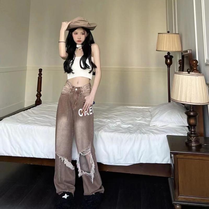 Hannah Martin Nieuwe Mode Hoge Kwaliteit Grote Maat Retro Gescheurde Jeans vrouwen Losse Letter Afdrukken Vet Mm Hoge Taille Wijde Pijpen Broek Tij 4XL bruin