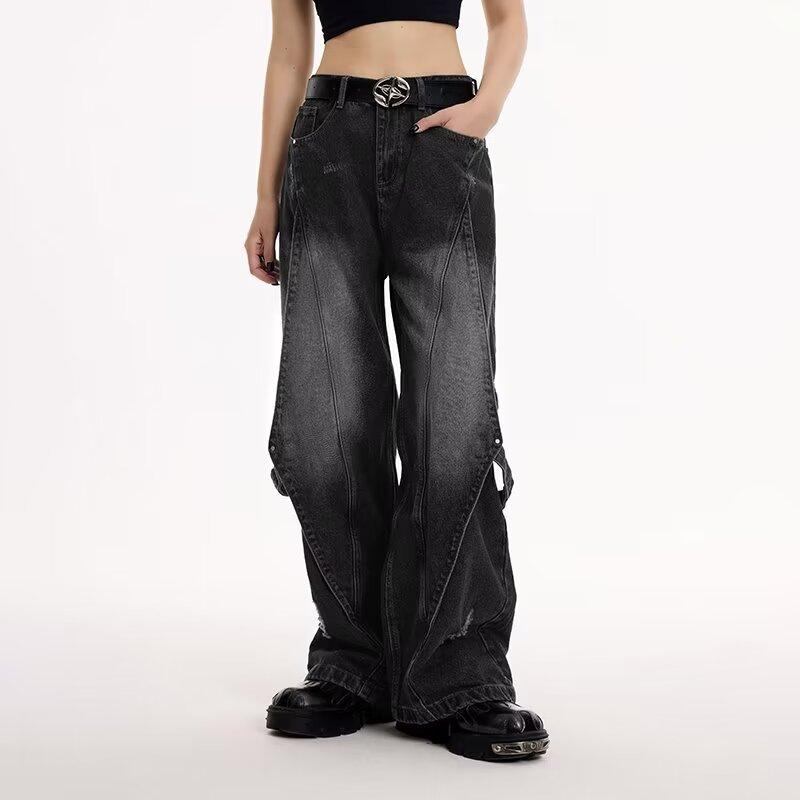 Transmission Gate Amerikaanse vintage hoge taille rechte jeans dames zwarte broek casual baggy Y2K wijde pijpen grunge high street style denim broek L zwart