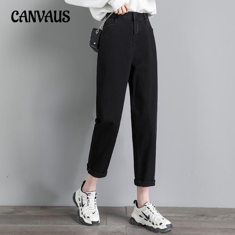 CANVAUS Lente en herfst Damesjeans met fleece Harlanbroek Losse spijkerbroek Elastische radijspopsbroek Lange broek Denim broek Negenkwart broek 32 zwart