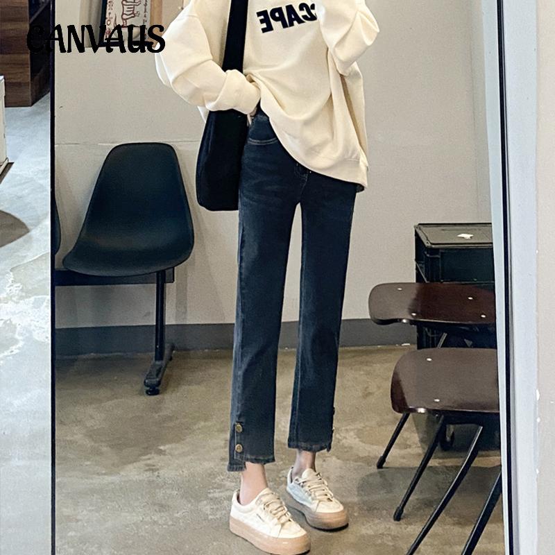 CANVAUS Lente en herfst jeans dames rechte hoge taille dunne negen tienden broek pijpbroek denim jeans 32 blauw-grijze kleur