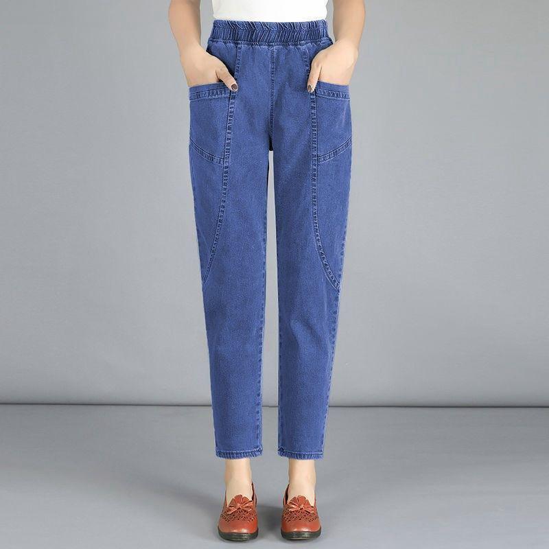 GS Hoge taille enkellange blauwe jeans harem elastische denim broek groot formaat vrouw jogger casual L hemelsblauwe kleur