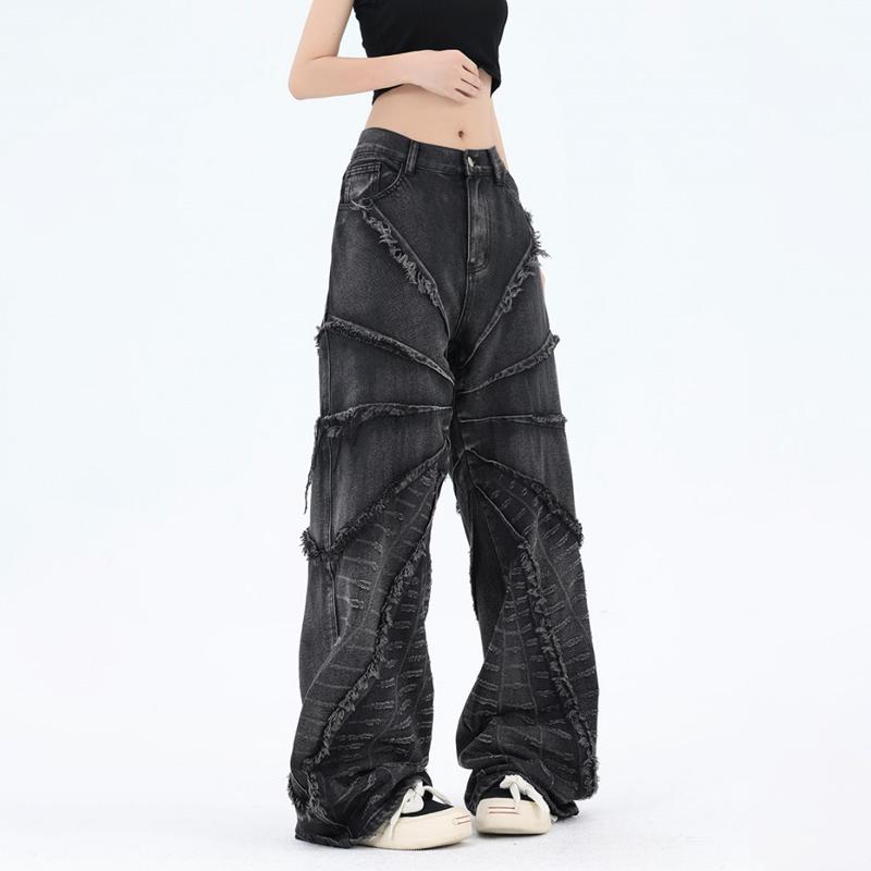 YUBAOBEI Losse Casual Rechte Broeken Spijkerbroeken Y2K Dames Jeans 2024 American High Street Spider Web Edges Street Hip Hop Koppel S zwart