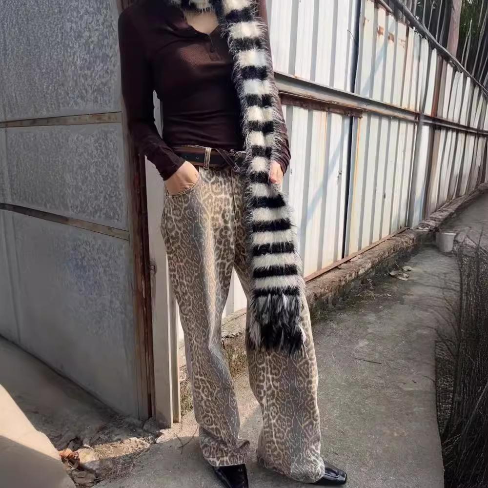 Hey23coming Vintage luipaardprint jeans hiphop straat rechte pijpen wijde pijpen losse ontwerp broek S luipaard