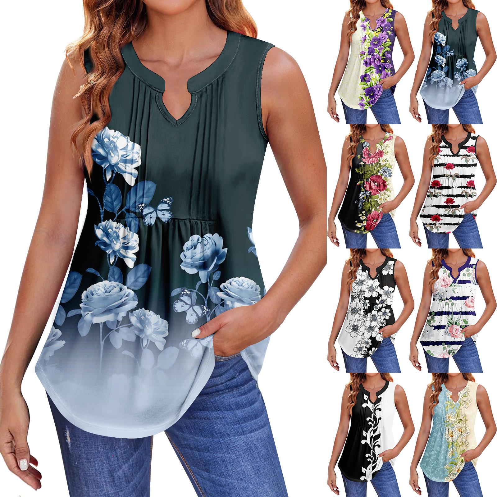 Hong Hollyland Zomertanktops voor dames met geplooide V-hals en print, casual top, tanktops voor dames, losse pasvorm, mouwloze tuniekshirts XXXL zwart
