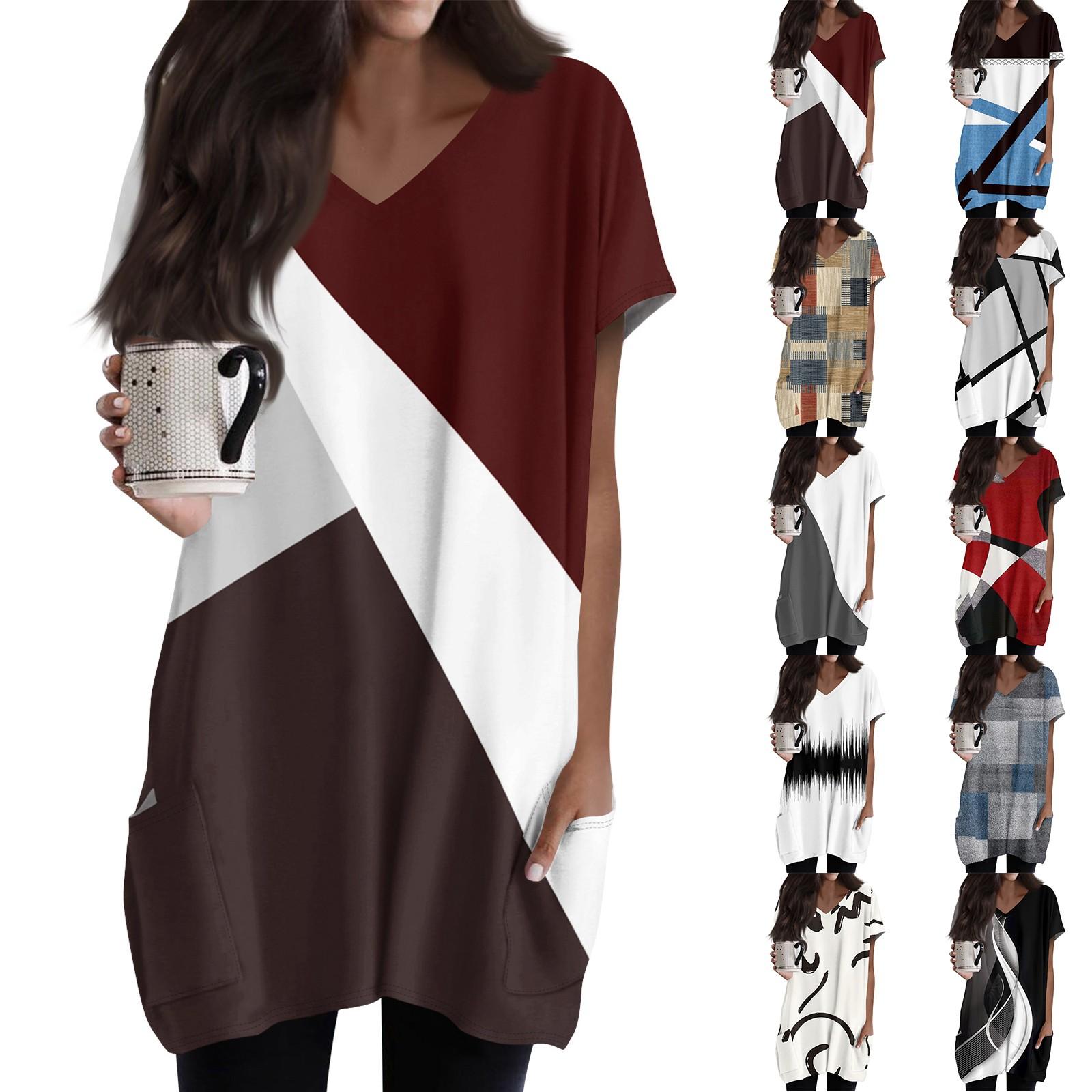 Hong Hollyland Dames Tops V-hals Korte Mouw Blouses Casual Mid-length Shirts Mode Print Tuniek Tops Met Zakken XXL