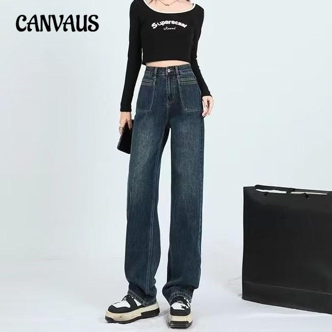 CANVAUS Vintage jeans met wijde pijpen voor dames lente en herfst losse rechte broek met hoge taille 2XL