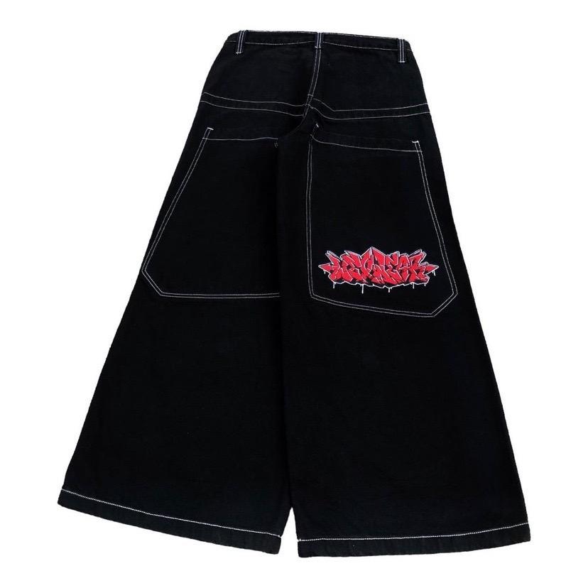 XK22GD Jeans Hip Hop Rock Borduurpatroon Mannen Vrouwen Streetwear Retro Harajuku Hoge Taille Wijde Pijpen Denim Broek S zwart