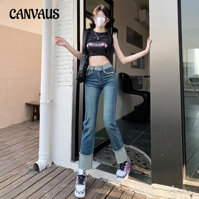 CANVAUS Damesjeans voor lente en zomer, eenvoudige, veelzijdige splicing-collision-kleur, rechte broek met hoge taille 2XL