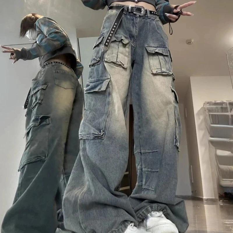 Exotic 2024 Multi-pocket Design High-street Cargo Broeken Vrouwen Wijde pijpen Trendy Niche Wasbare Hoge taille Jeans Vrouwen Y2k Baggy M blauw
