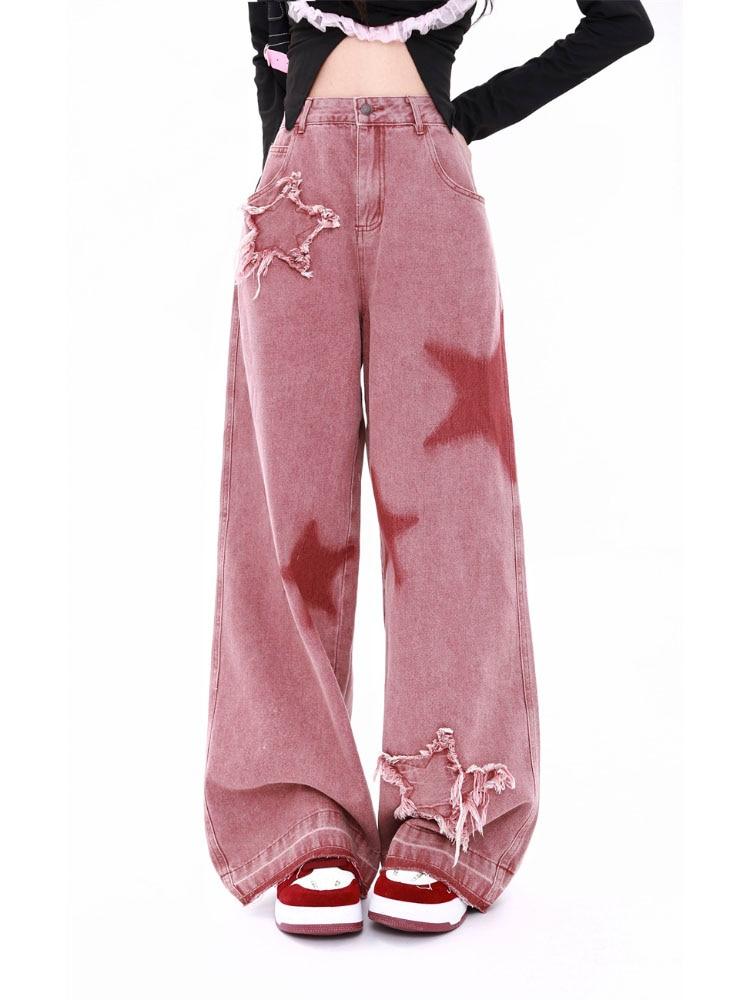 Diana Fashion Clothes Amerikaanse retro sterpatroon jeansbroek dames ruwe rand splitsen vintage wijde pijpen broek vrouwelijke losse trendy all-match dweilbroek XL donkerblauwe kleur