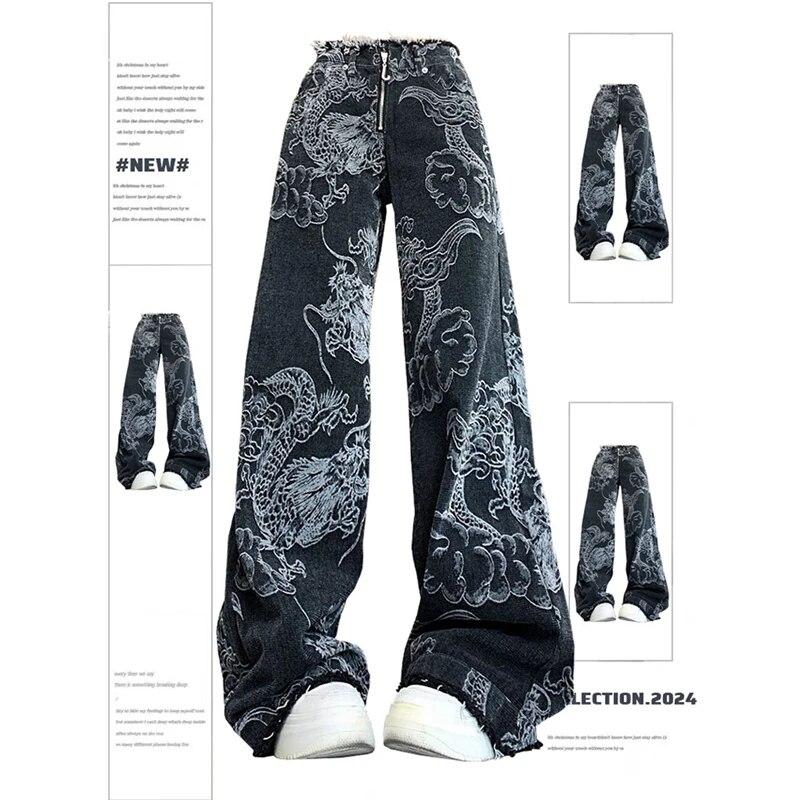 Exotic Dames Zwart Gothic Dragon Print Jeans Baggy Vintage Esthetische Cowboy Broek Harajuku Denim Broek Y2k Trashy 2000s Kleding 2024 S