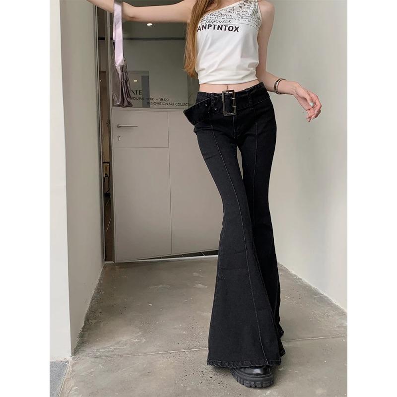 Exotic Amerikaanse Retro Flare Jeans Lage Taille E-girl Slim Bandage Bottoms Vrouwen Mode Zwarte Katoenen Denim Broek Broek Y2K High Street M zwart