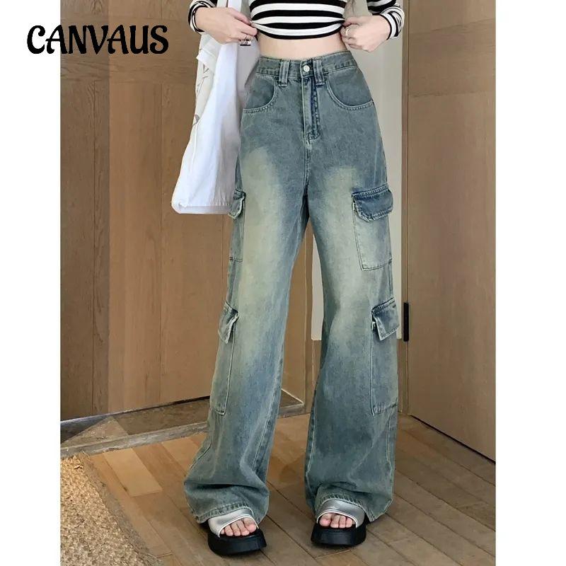 CANVAUS Vintage werkkleding jeans voor dames, lente en herfst, coole, losse broek met hoge taille, dunne rechte pijpen en wijde pijpen XL