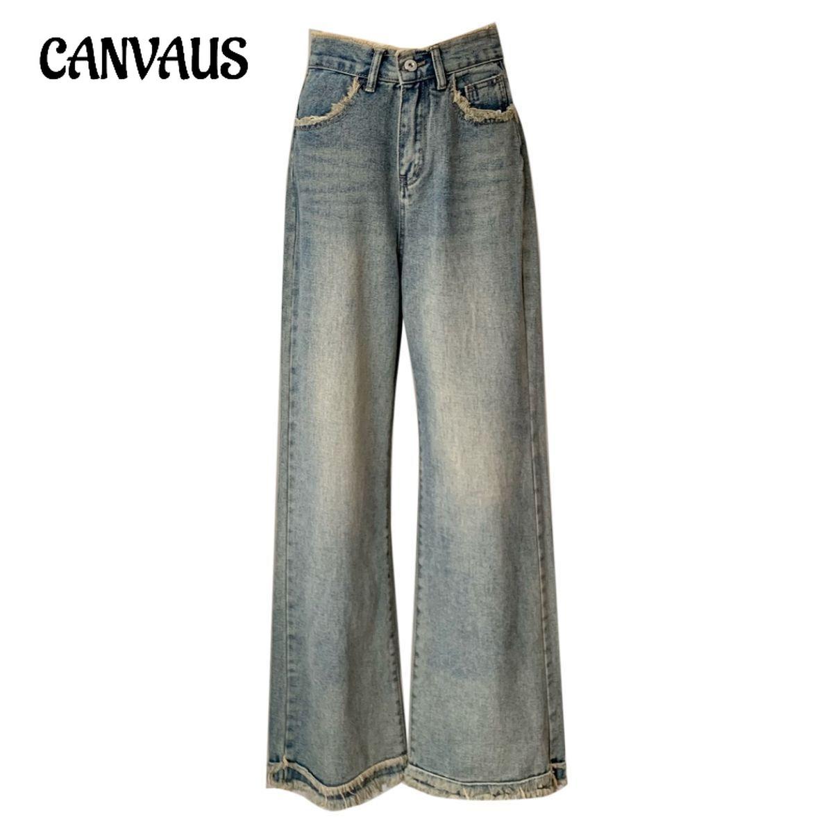 CANVAUS Retro Raw Edge Drag Jeans Dames Lente en Herfst Hoge Taille Losse Rechte Wijde Pijpen Broek Broek Tij XL blauw