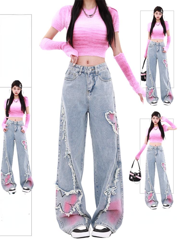Diana Fashion Clothes Dames Blauwe Baggy Vlinder Jeans Vintage Cowboy Broek Harajuku Denim Broek Esthetische Y2k Oversize Trashy 2000s Kleding 2024 XL blauw