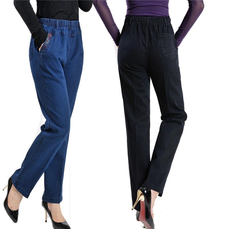 QGOOD Jeans van middelbare leeftijd en ouderen Lente rechte hoge taille elastische losse jeans dames XL marineblauwe kleur