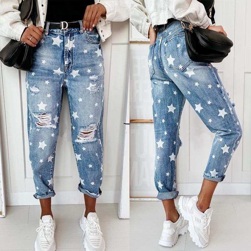 Omena Bedrukte gewassen gescheurde skinny denim jeans voor dames L