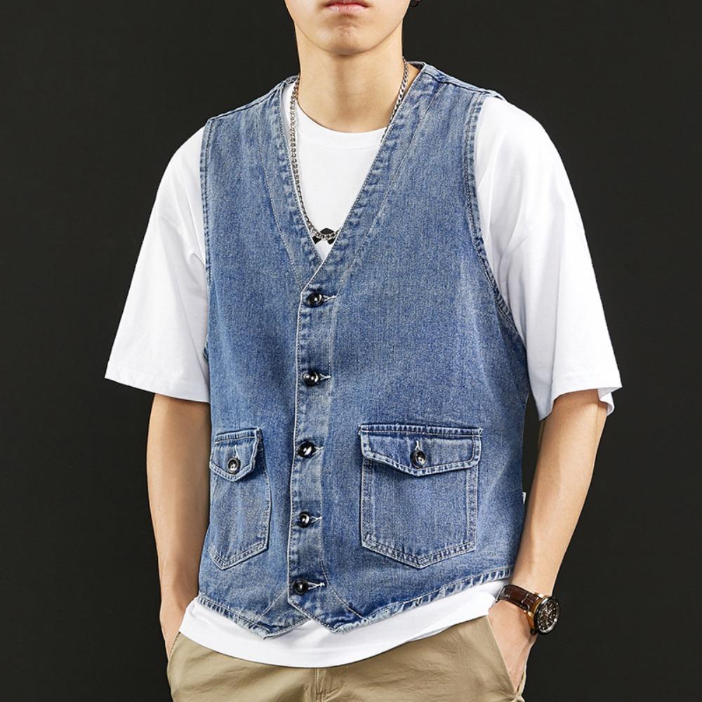 TOP COOL FASHION Zomer Nieuw Denim Vest Heren Japans Casual Losse Gewassen Oude Mouwloze Jas Mode Effen Kleur Kraagloos Denim Jack M blauw