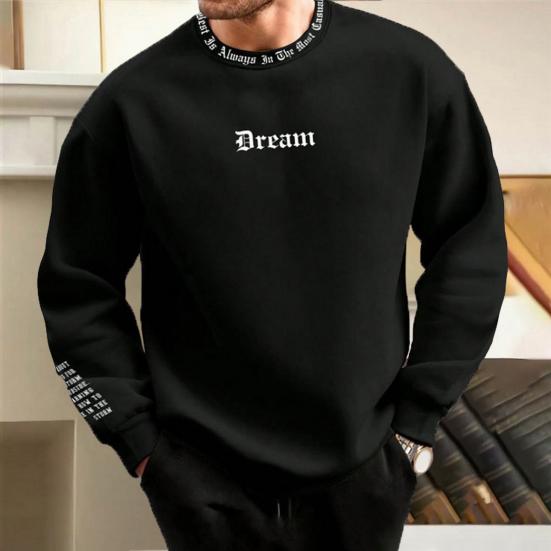 Chosyin Mannen herfst winter sweatshirt ronde hals lange mouw brief print lange mouw dikke losse zachte warme halflange heren casual top S koffie