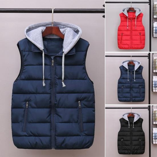 Meizhenchang Herenvest met capuchon, trekkoord, mouwloos vest, jas met zakken, ritssluiting, warm en comfortabel donsvest L rood