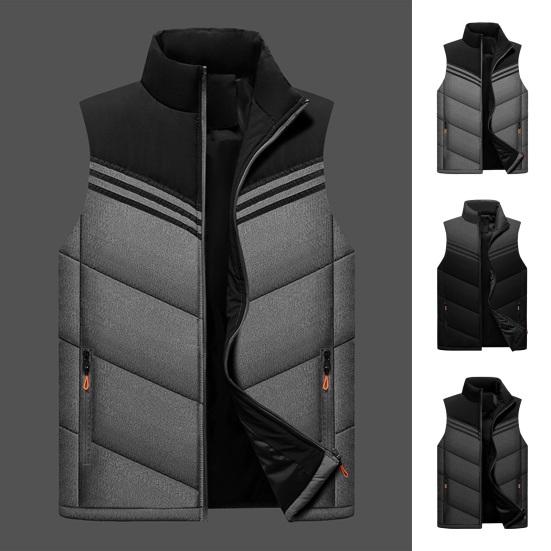 Meizhenchang Heren katoenen vest opstaande kraag mouwloos rits sluiting gilet met zakken kleur-geblokt gestreept ontwerp dikke thermische isolatie gilet L lichtgrijze kleur