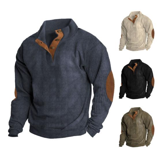 DILLER Heren herfst winter casual trui tops opstaande kraag knoppen halve knoopsluiting lange mouw patchwork kleur sweatshirt XL abrikoos