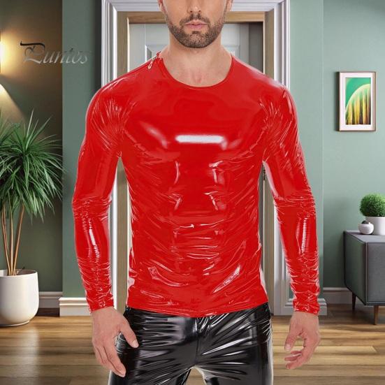 DILLER Heren Vloeibaar Glanzend Kunstleren Top Metallic Wetlook Lange Mouw T-shirt Rits Schouder Slim Fit Shirt Hip Hop Nachtclub Feest Blouse XXL zwart