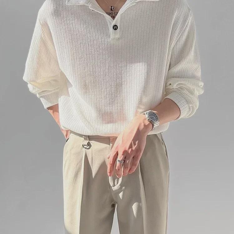 VantaGoods Heren Polo met lange mouwen en wafelmotief - Trendy losvallend T-shirt voor lente en herfst L zwart