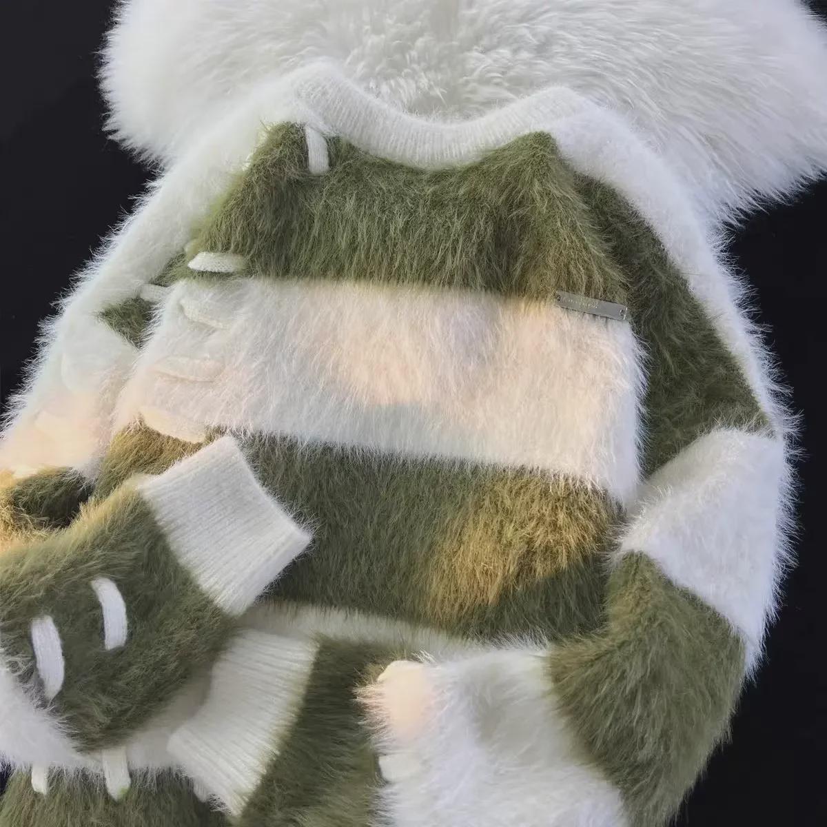 VantaGoods Heren herfst/winter Japanse Glutinous Mink Fleece gestreepte trui - gezellig, lui stijlontwerp XL groen