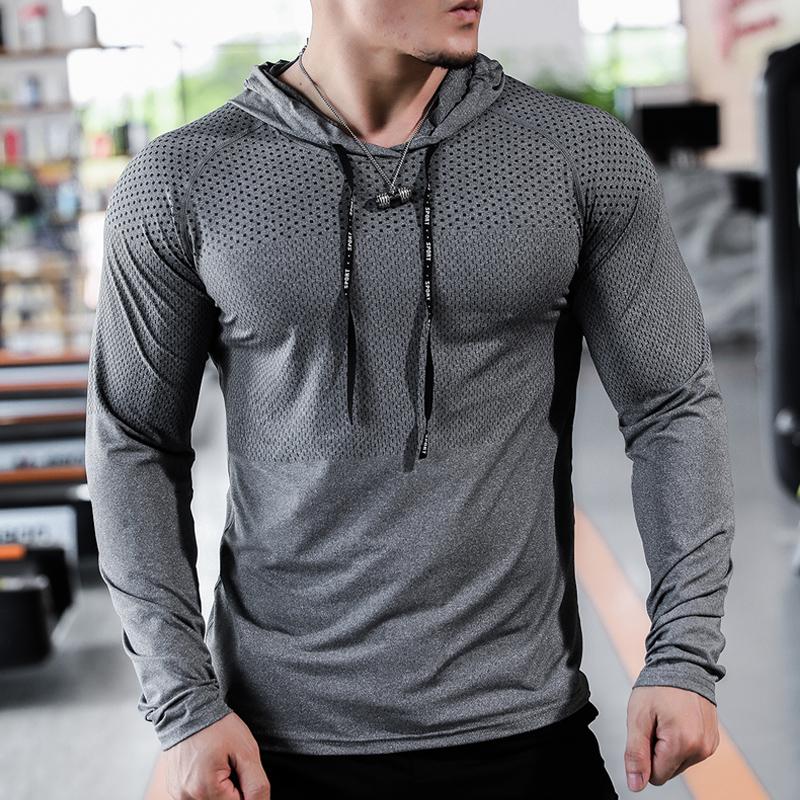 Shedao Pro Fitness Sporting Heren sport trui met capuchon, casual shirts met lange mouwen, herfst winter fitness sweatshirt, sneldrogend, ademend, hardlooptraining tops L donkergrijze kleur
