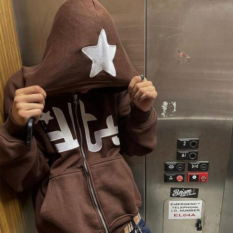 ZSIIBO Amazing Zip Mode Ster Brief Gedrukt Hoodie Mannelijke Losse Casual Hip Hop Sweatshirt Top Y2k kleding Jas Vintage Hoodies Mannen streetwear XXL zwart