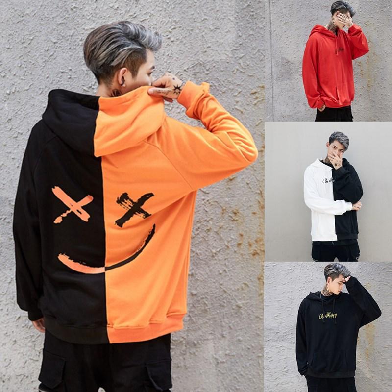 KH55NP Heren tiener lachend gezicht print hoodie oversize sweatshirt met capuchon pullover tops jas S zwart/wit
