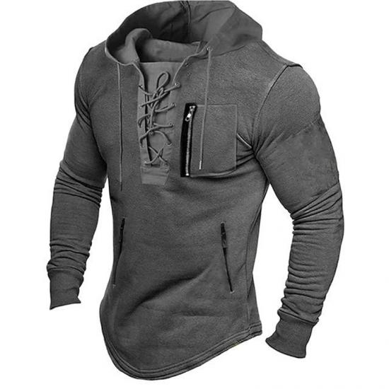 Big Thumb 2024 Mannen Herfst Lente Top Lace Up Trekkoord Effen Kleur Lange Mouw Rits Zakken Pullover Streetwear Mannen Halflange Hoodie S grijs