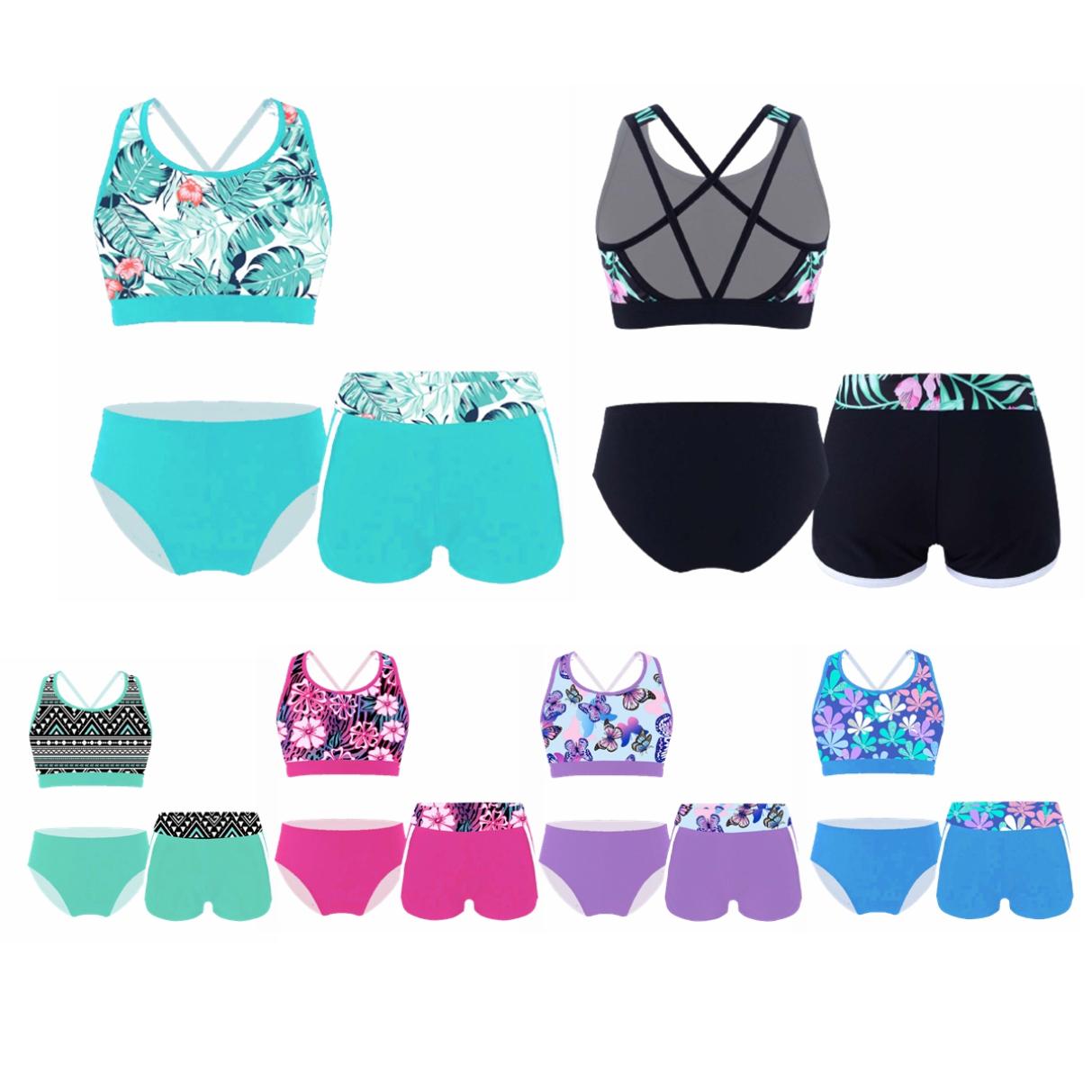 YONGHS 3-delige meisjesbikinisets met bloemenprint, badpak, rugloze top en bikinibroekjes, shorts, badkleding, maat 6-16 jaar 15-16 Years zwart/groen