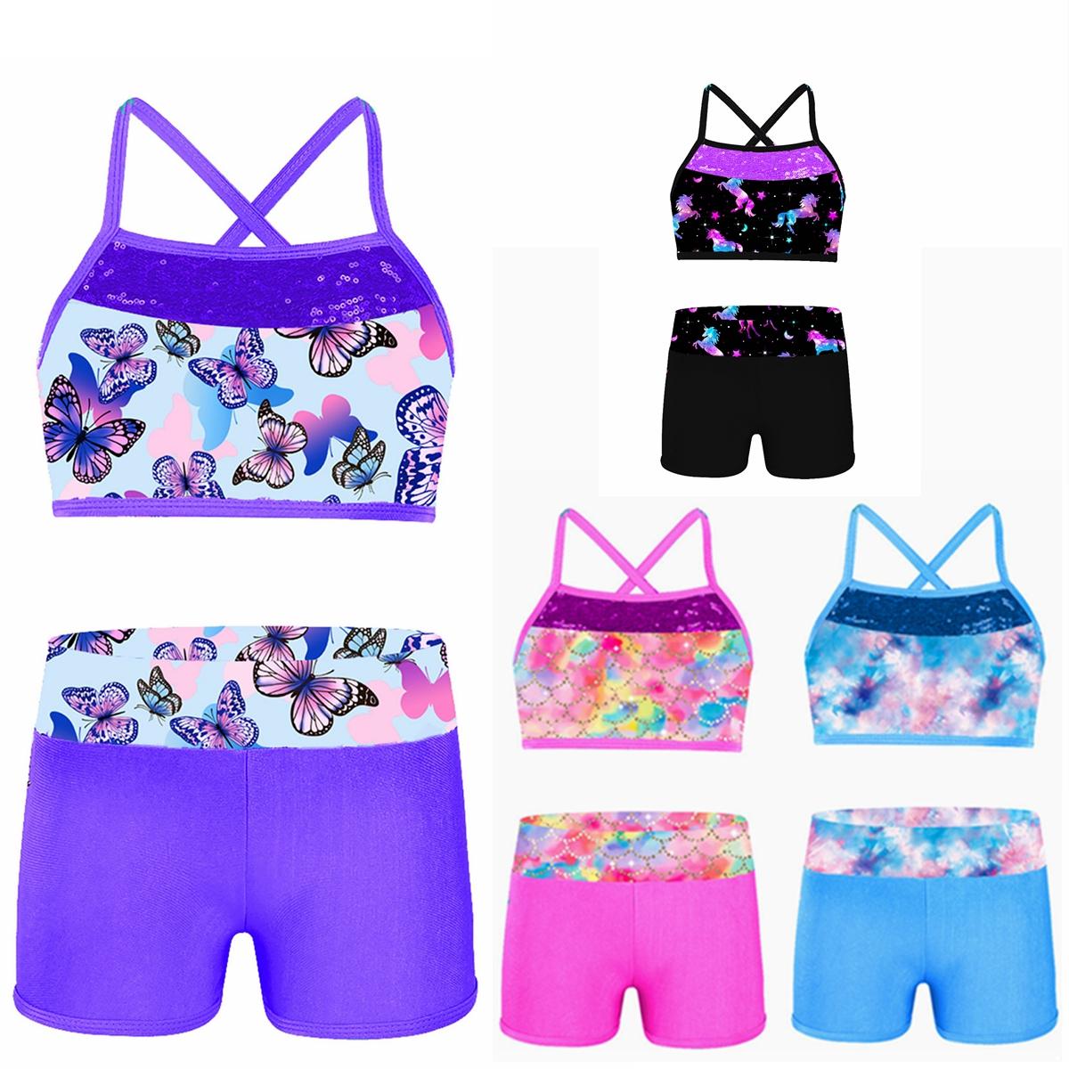 Aislor Kinderen meisjes tweedelige badpak sport gymnastiek dansen zwemmen outfit crop top met shorts set 11-12 Years meer blauwe kleur