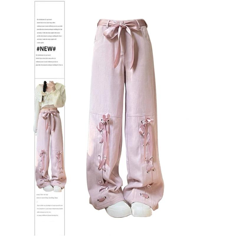Exotic Vrouwen Lace-up Roze Jeans Baggy Harajuku 90s Esthetische Denim Broek Y2k Oversize Wijde Cowboy Broek Vintage 2000s Trashy Kleding M roze