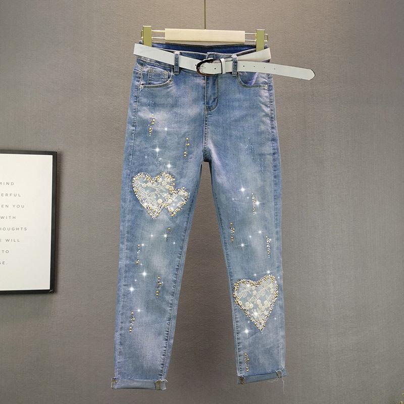 Delicate-Y Herfst zomer vintage jeans Amerikaanse stijl diamanten potloodbroek met kleine pijpen M blauw