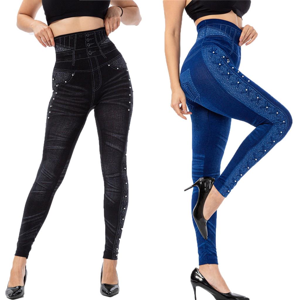 Summer Star Casual imitatie cowboy-legging voor dames, kralen, hoge elasticiteit, slanke cropped broek S zwart