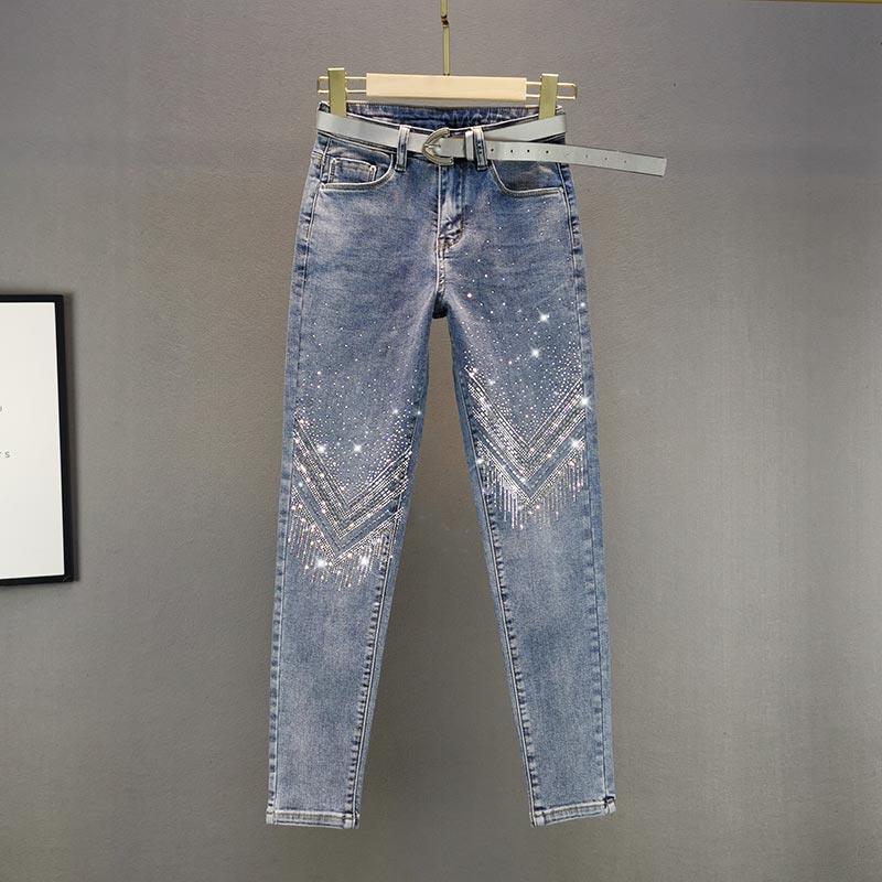Refreshing Home Dames Strass Skinny Jeans Herfst Casual Hoge Taille Dunne Negen Broek XXL blauw