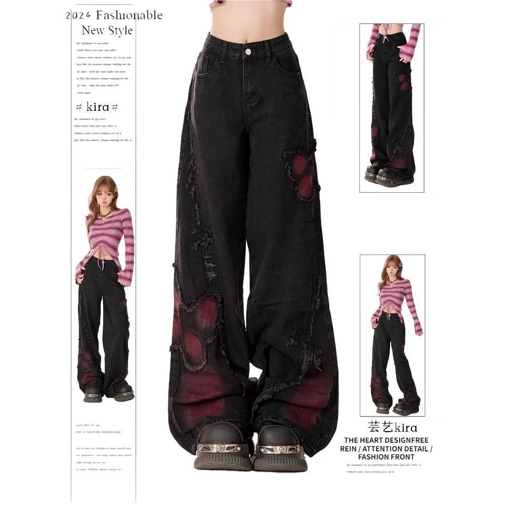 Aura Women's Baggy Butterfly Jeans Vintage Aesthetic Cowboy Pants Harajuku Oversize Denim Trousers Y2k Black Gothic Clothes XL zwart