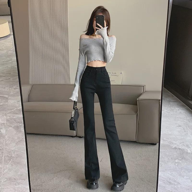 VantaGoods Zwarte elastische flared jeans met hoge taille voor dames - slanke Koreaanse stijl voor lente en herfst 2023 XS lichtblauwe kleur