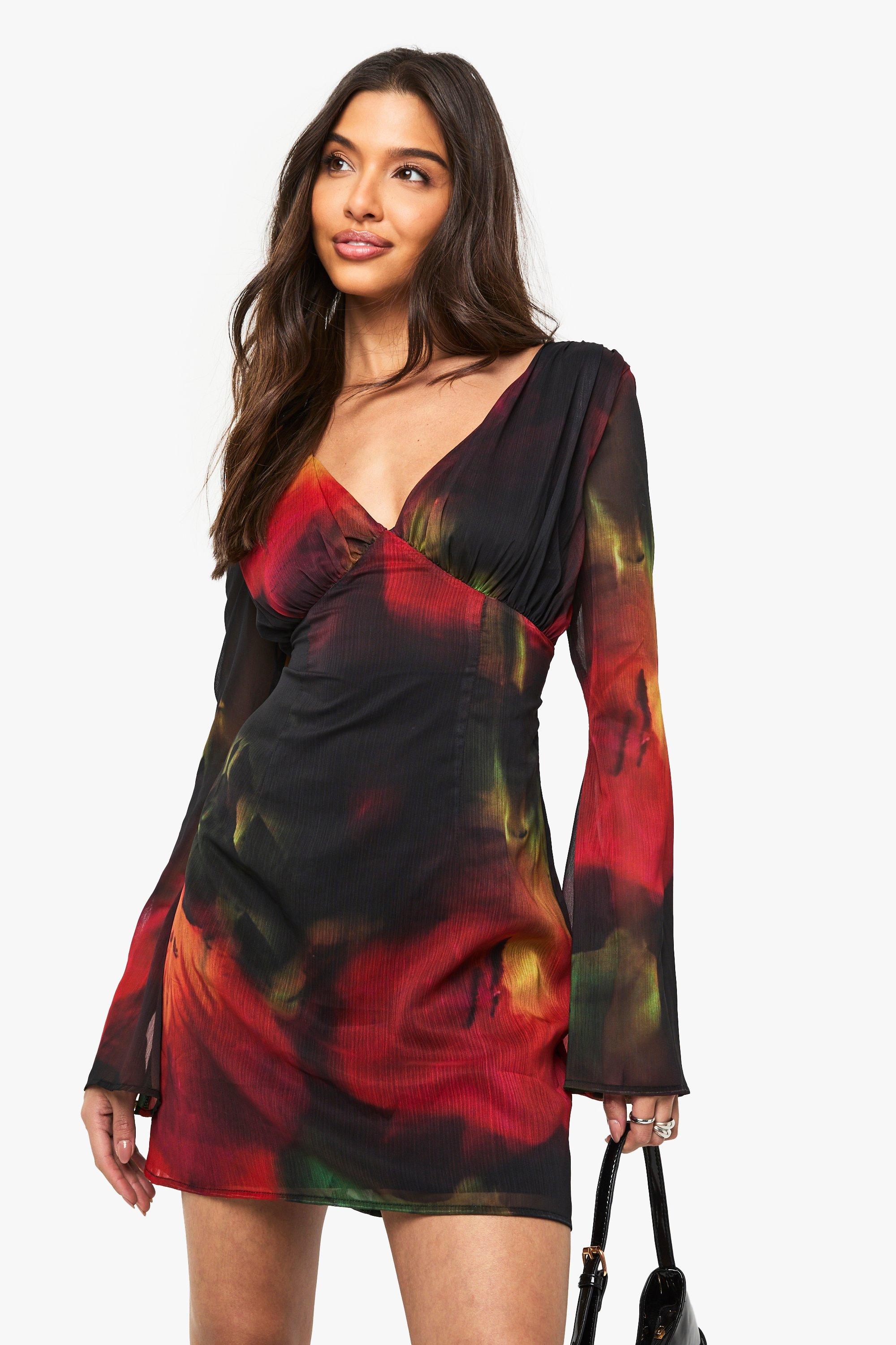 Boohoo Blurred Floral Chiffon Plunge Mini Dress, Red