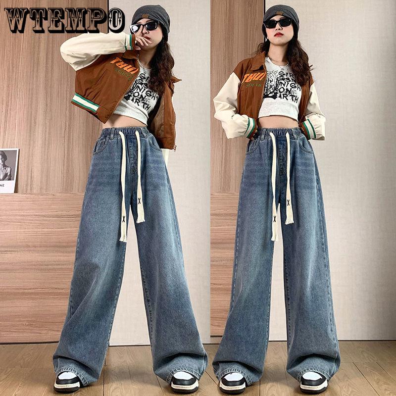 WTEMPO Plus Size M-6XL Vintage Cargo Jeans Dames Lente Herfst Y2k Streetwear Losse Jeans Met Hoge Taille Rechte Cargo Jeans Met Wijde Pijpen Dames 6XL blauw