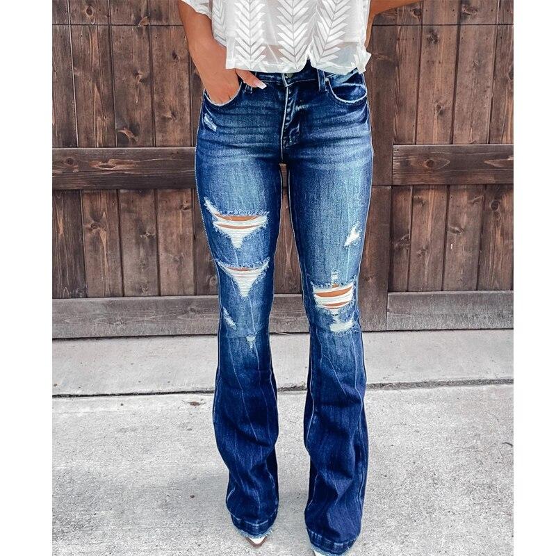 Best do it Kantoor Dame Slanke Denim Jeans Voor Vrouwen Lente Sexy Ripped Flared Broek Met Zakken Streetwear Blauwe Skinny Jeans Pantalon 25771 XXL blauw