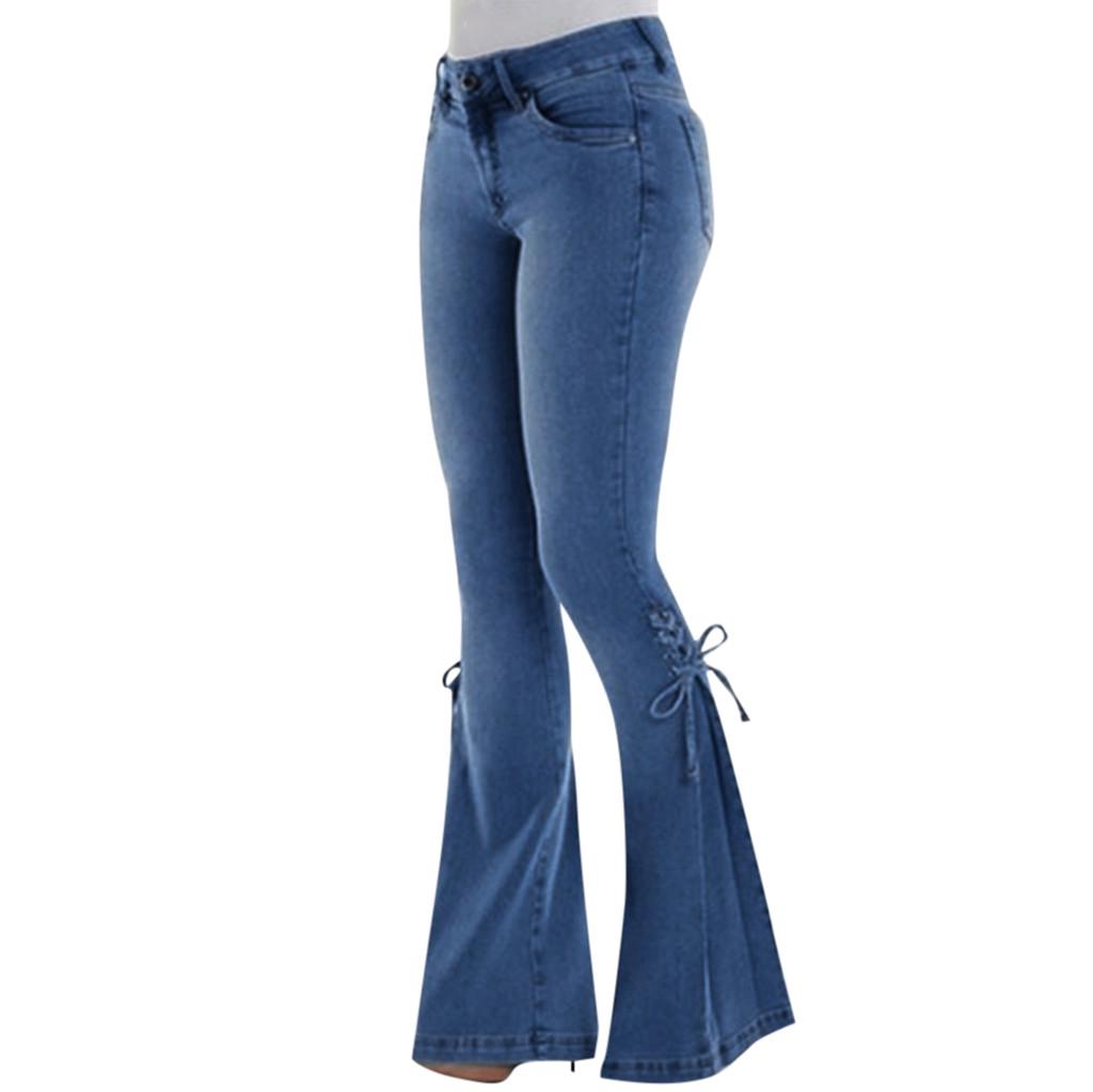 Jolian (ZO)Dames Zomer Elastisch Plus Losse Denim Boog Casual Boot Cut Broek Jeans XXL donkerblauwe kleur